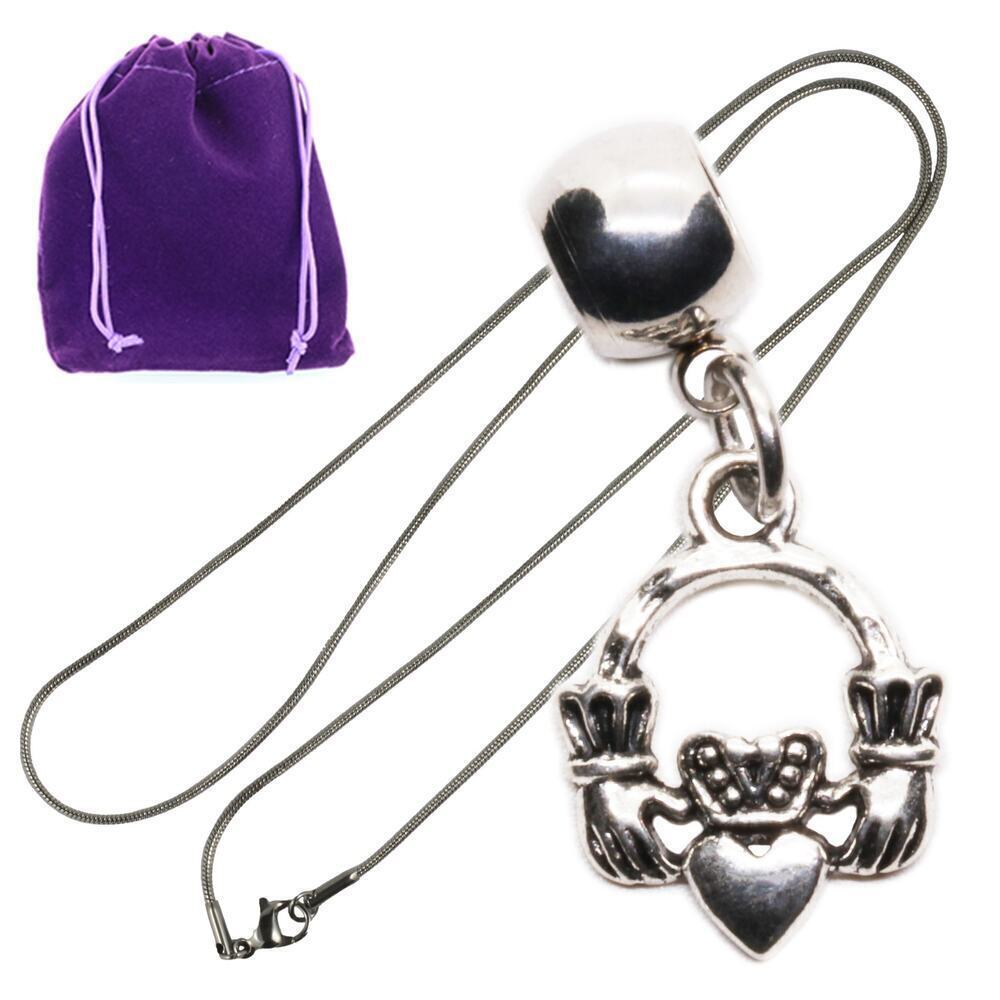 Silver Claddagh Pendant Necklace with Purple Gift Pouch, Meaningful Irish Gifts